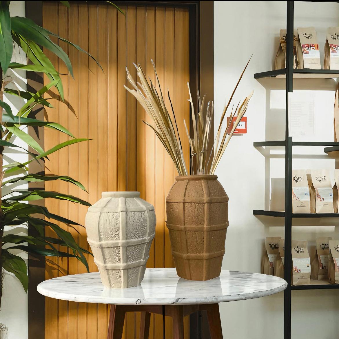 Grid-Pattern Textured Ceramic Vase