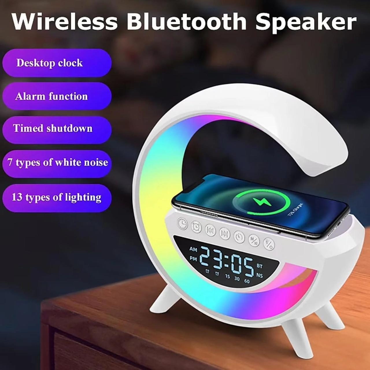 G Shaped RGB Lamp_ Bluetooth Speaker With Wireless Charger & Digital Clock