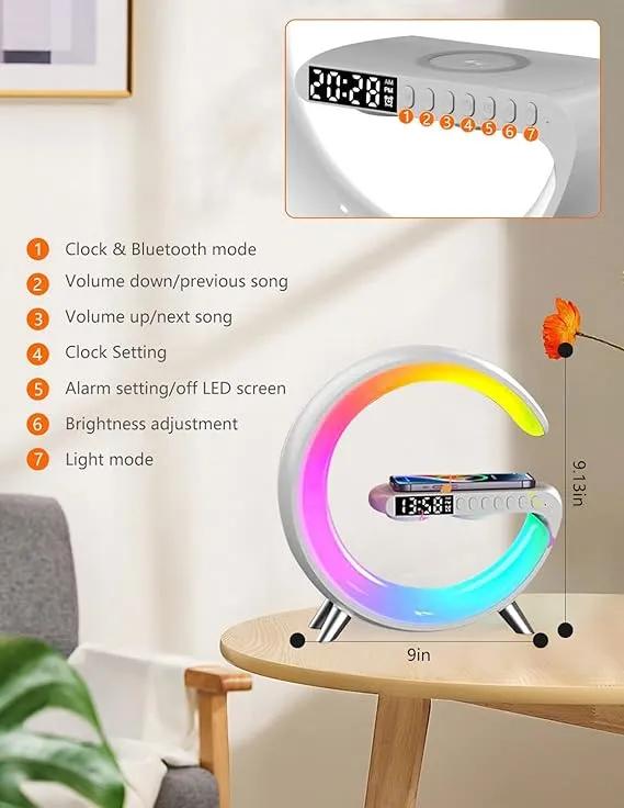 G Shaped RGB Lamp_ Bluetooth Speaker With Wireless Charger & Digital Clock